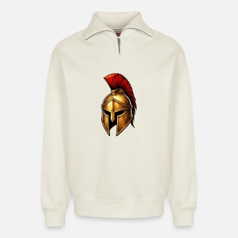 Le Casque du Chevalier Spartiate - Sweat unisexe décontracté en coton biologique à demi-zip – de SPREAD - blanc cassé