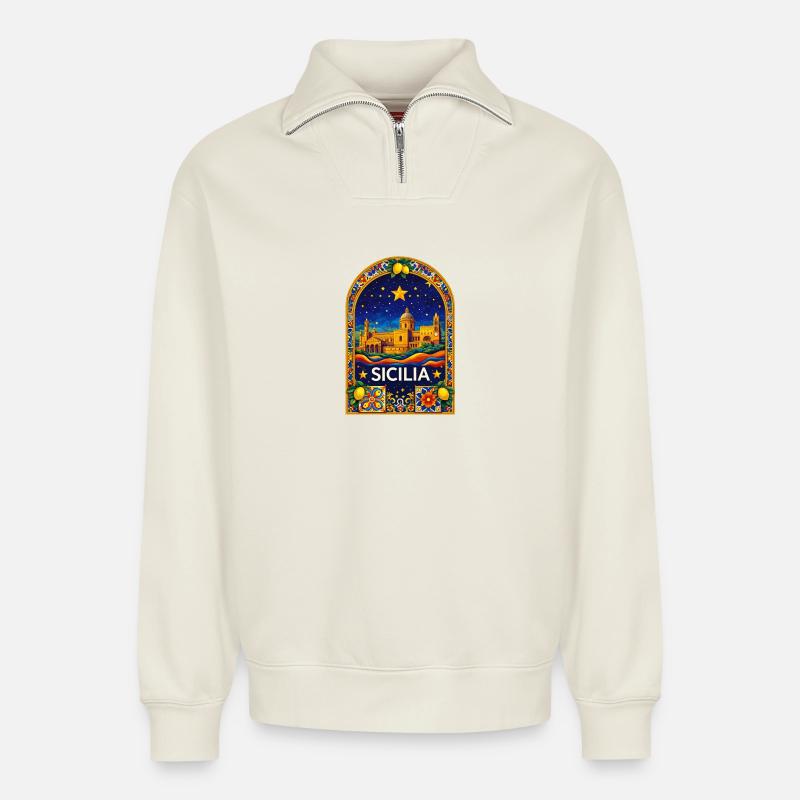 Sicilia palermo - Relaxed Unisex Organic Half Zip Sweatshirt – von SPREAD - Naturweiß