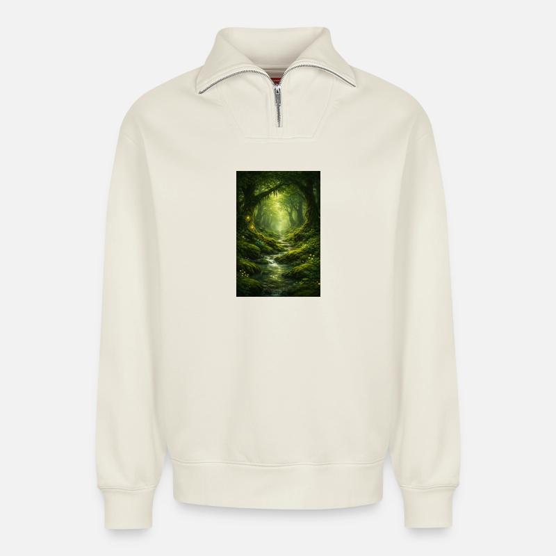 Forêt mystique - Sweat unisexe décontracté en coton biologique à demi-zip – de SPREAD - blanc cassé