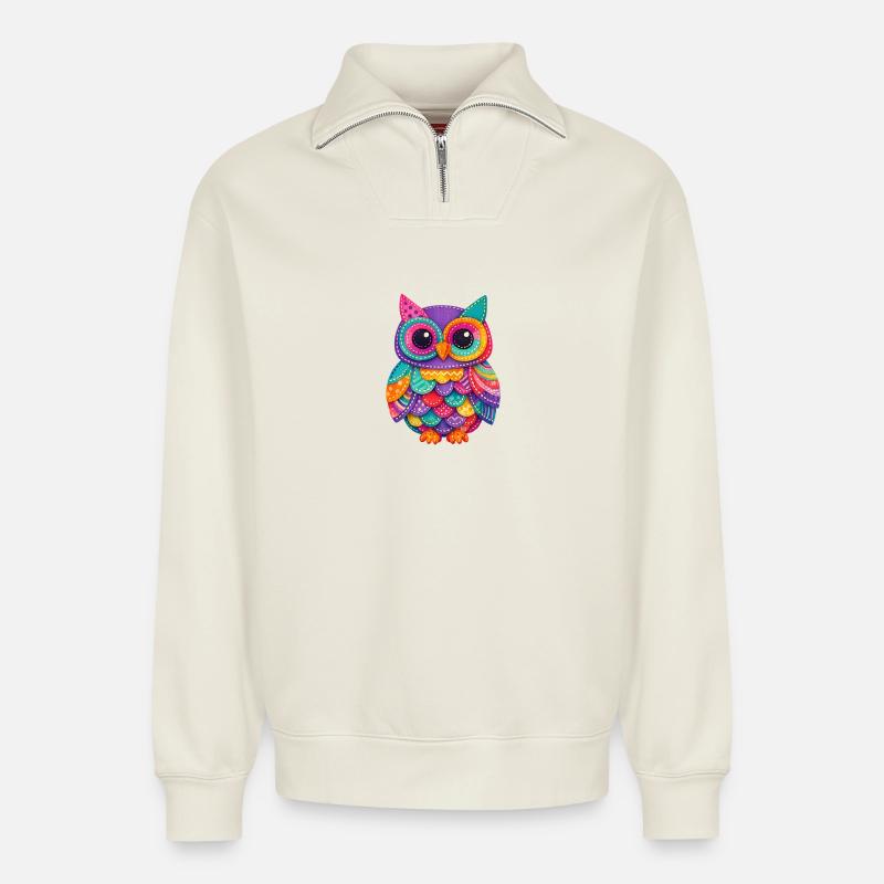 Patchwork Owl Magic - Relaxed Unisex Organic Half Zip Sweatshirt – by SPREAD - off white