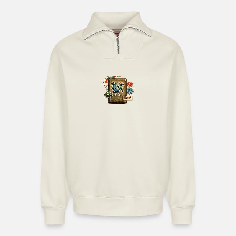 Retro Reiseglobus Stickerkollektion - Relaxed Unisex Organic Half Zip Sweatshirt – von SPREAD - Naturweiß