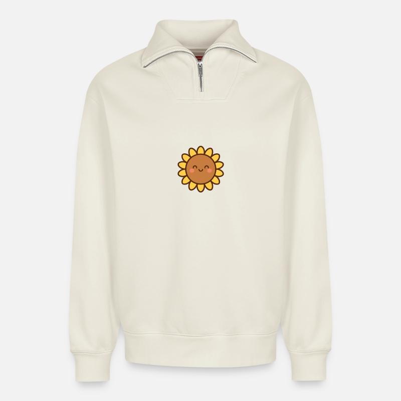 Gelbe Lächelnde Blume - Relaxed Unisex Organic Half Zip Sweatshirt – von SPREAD - Naturweiß