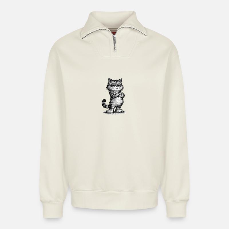Grumpy Katze – Chef Vibes (Sketch Attitude) - Relaxed Unisex Organic Half Zip Sweatshirt – von SPREAD - Naturweiß