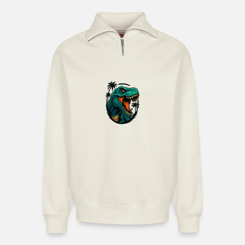 Neon Dino Dschungelkopf - Relaxed Unisex Organic Half Zip Sweatshirt – von SPREAD - Naturweiß