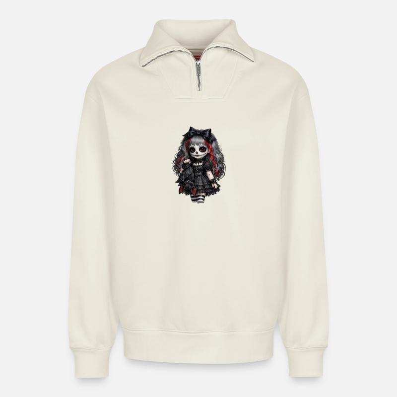 Gothic Zuckerschädel Puppe - Relaxed Unisex Organic Half Zip Sweatshirt – von SPREAD - Naturweiß