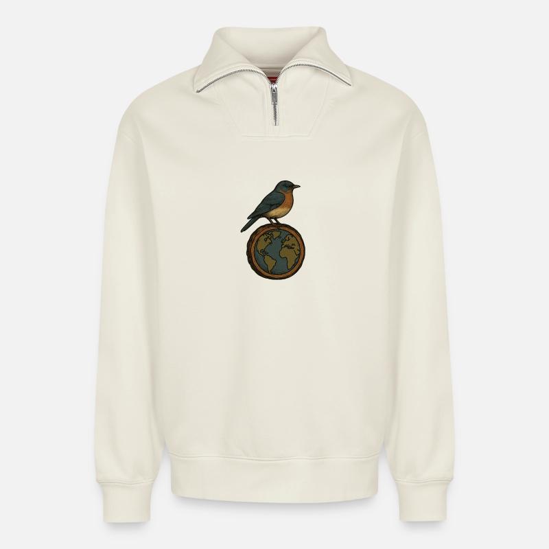 Robin on World Globe - Relaxed Unisex Organic Half Zip Sweatshirt – by SPREAD - off white