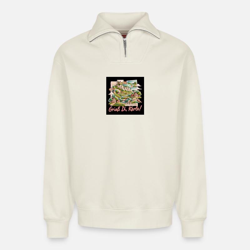 Landschaftsidylle Dorfcollage - Relaxed Unisex Organic Half Zip Sweatshirt – von SPREAD - Naturweiß
