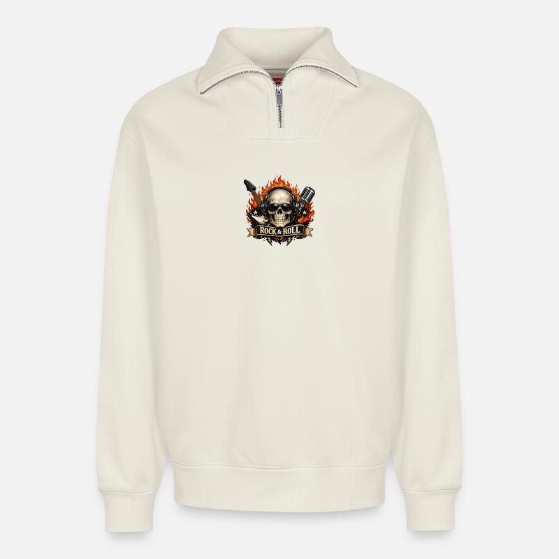 Jupe de crâne Flames Imprimé - Sweat unisexe décontracté en coton biologique à demi-zip – de SPREAD - blanc cassé