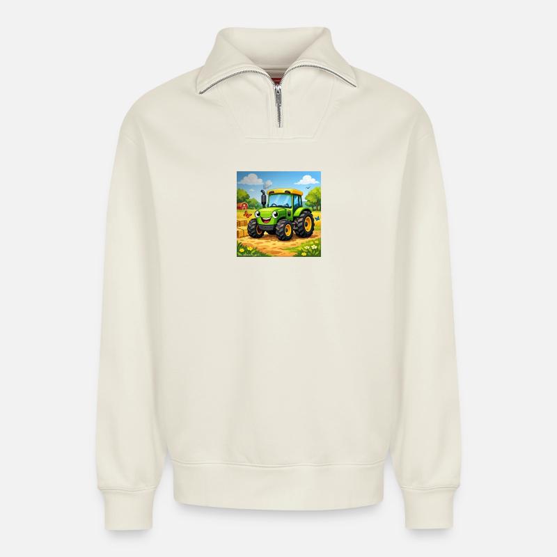 Fröhlicher Grüner Traktor auf Feld - Relaxed Unisex Organic Half Zip Sweatshirt – von SPREAD - Naturweiß