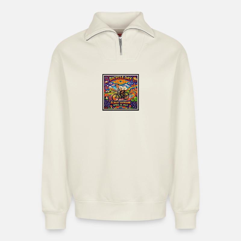 Albert Hofmann Bicycle Day - Relaxed Unisex Organic Half Zip Sweatshirt – von SPREAD - Naturweiß