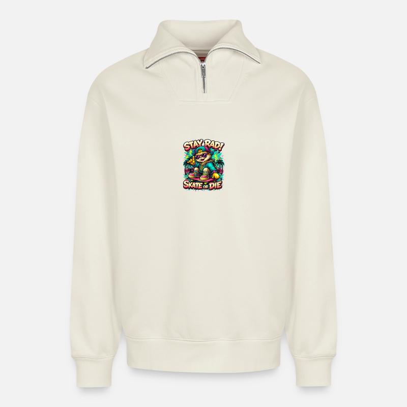 Reste Rad Skate Cat - Sweat unisexe décontracté en coton biologique à demi-zip – de SPREAD - blanc cassé