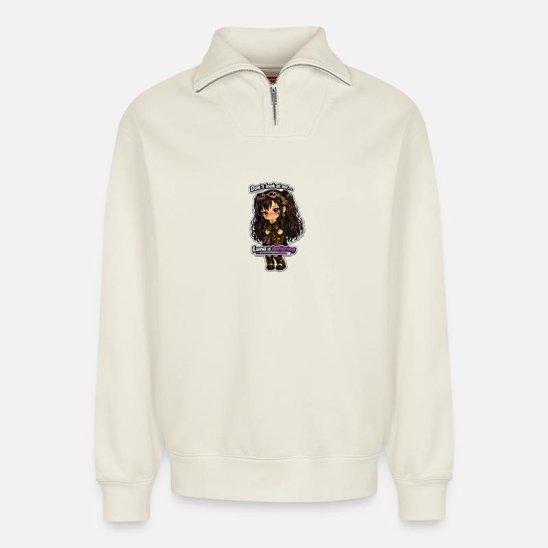 Luna Buffing Chibi Steampunk - Sweat unisexe décontracté en coton biologique à demi-zip – de SPREAD - blanc cassé