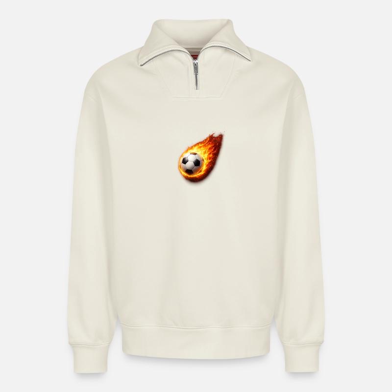 Flammender Fussballball - Relaxed Unisex Organic Half Zip Sweatshirt – von SPREAD - Naturweiß