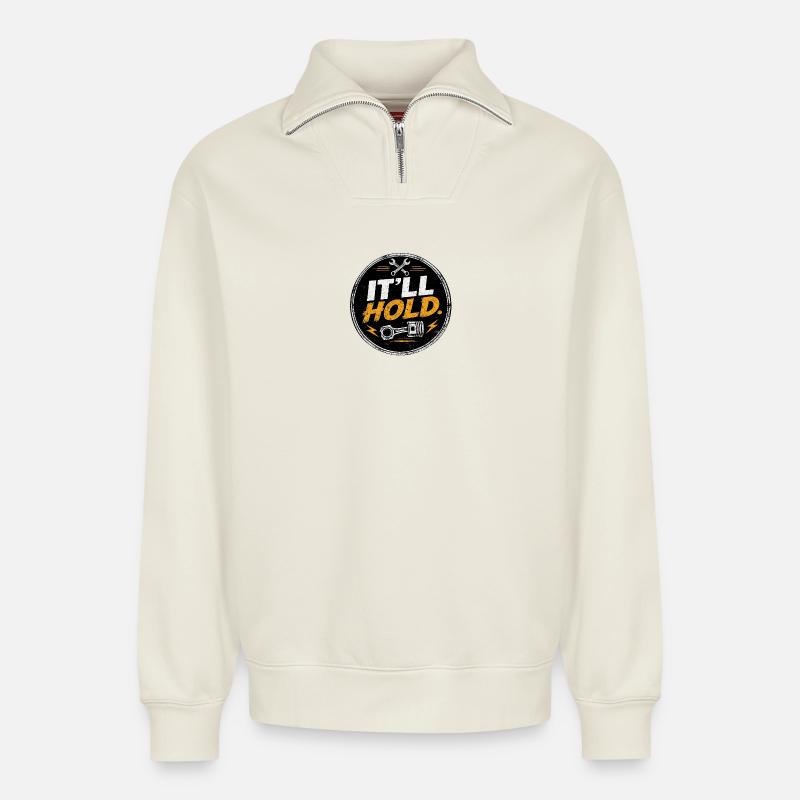 Es hält das Gearhead-Patch - Relaxed Unisex Organic Half Zip Sweatshirt – von SPREAD - Naturweiß