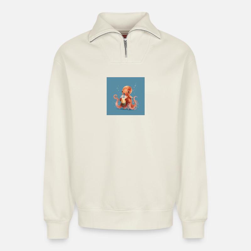 Dumbo‑Oktopus und sein Bubble Tea - Relaxed Unisex Organic Half Zip Sweatshirt – von SPREAD - Naturweiß