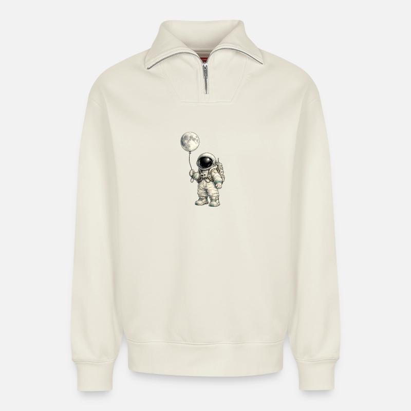 Mondballon und Astronaut - Relaxed Unisex Organic Half Zip Sweatshirt – von SPREAD - Naturweiß