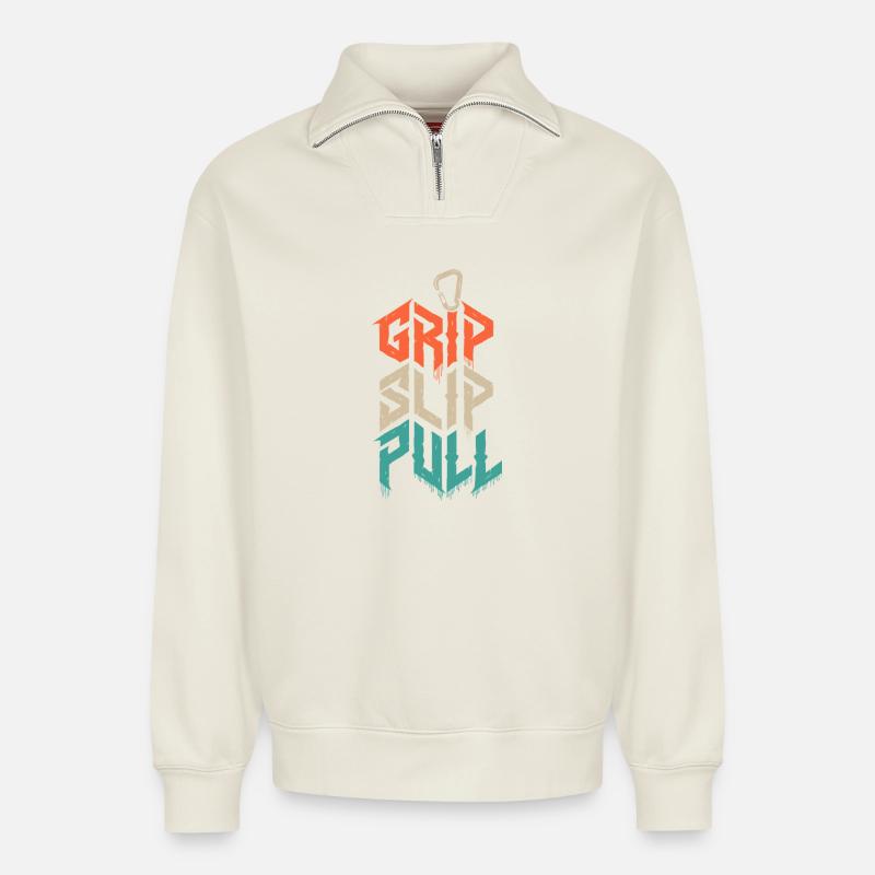 Grip Slip Pull Climbing Grunge - Relaxed Unisex Organic Half Zip Sweatshirt – by SPREAD - off white