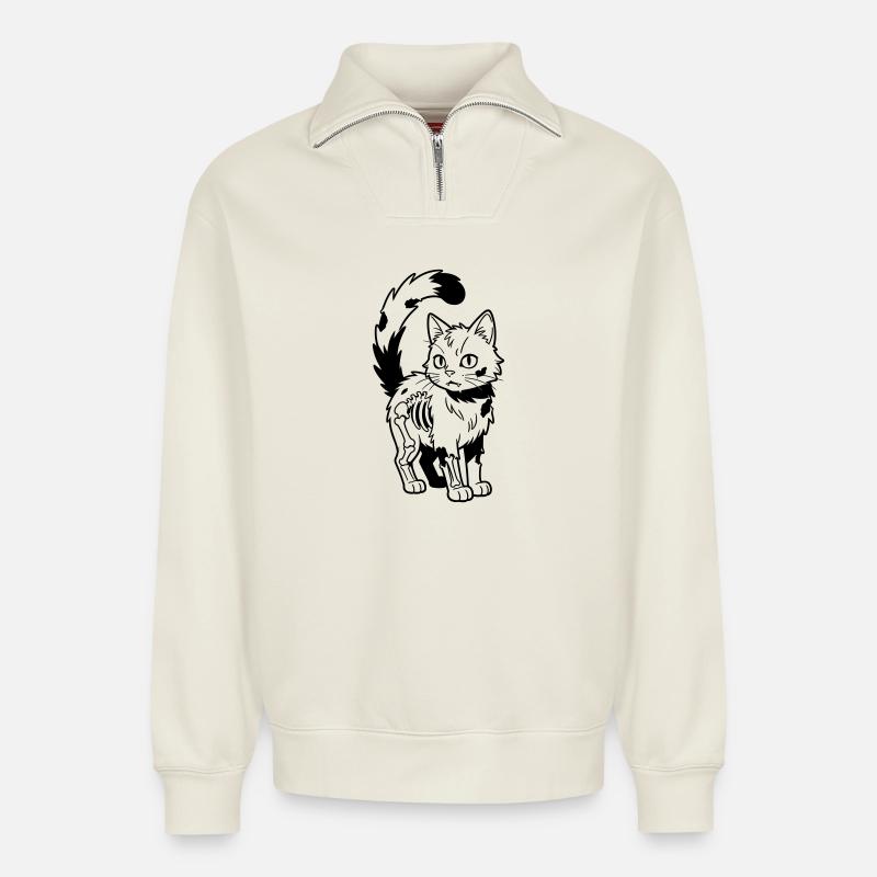 Zombie-Katze - Relaxed Unisex Organic Half Zip Sweatshirt – von SPREAD - Naturweiß