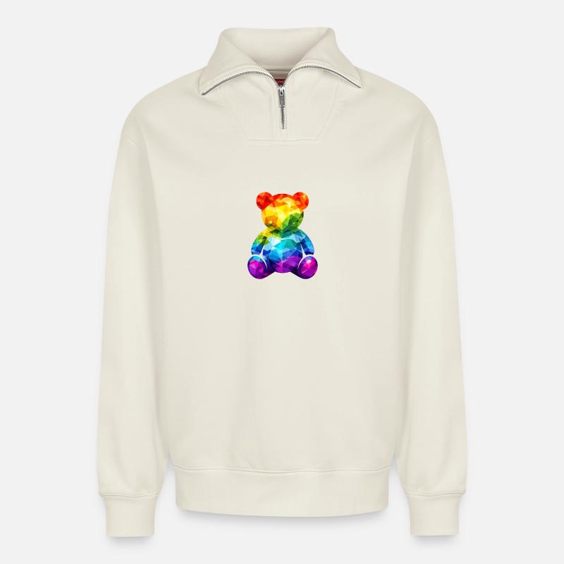 Regenbogen-Teddybär im geometrischen Muster - Relaxed Unisex Organic Half Zip Sweatshirt – von SPREAD - Naturweiß