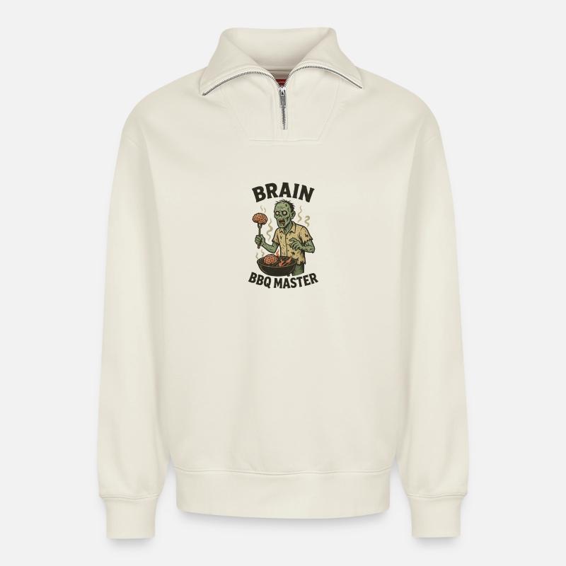 Zombie Grill Master Brain BBQ - Sweat unisexe décontracté en coton biologique à demi-zip – de SPREAD - blanc cassé