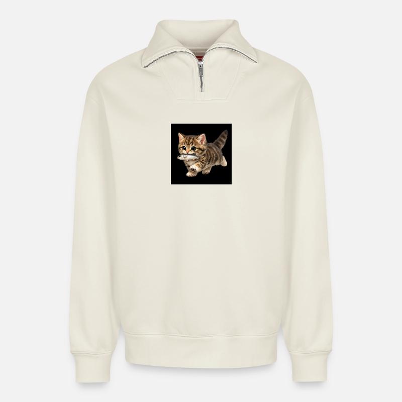 kitten has caught a fish - Relaxed Unisex Organic Half Zip Sweatshirt – by SPREAD - off white