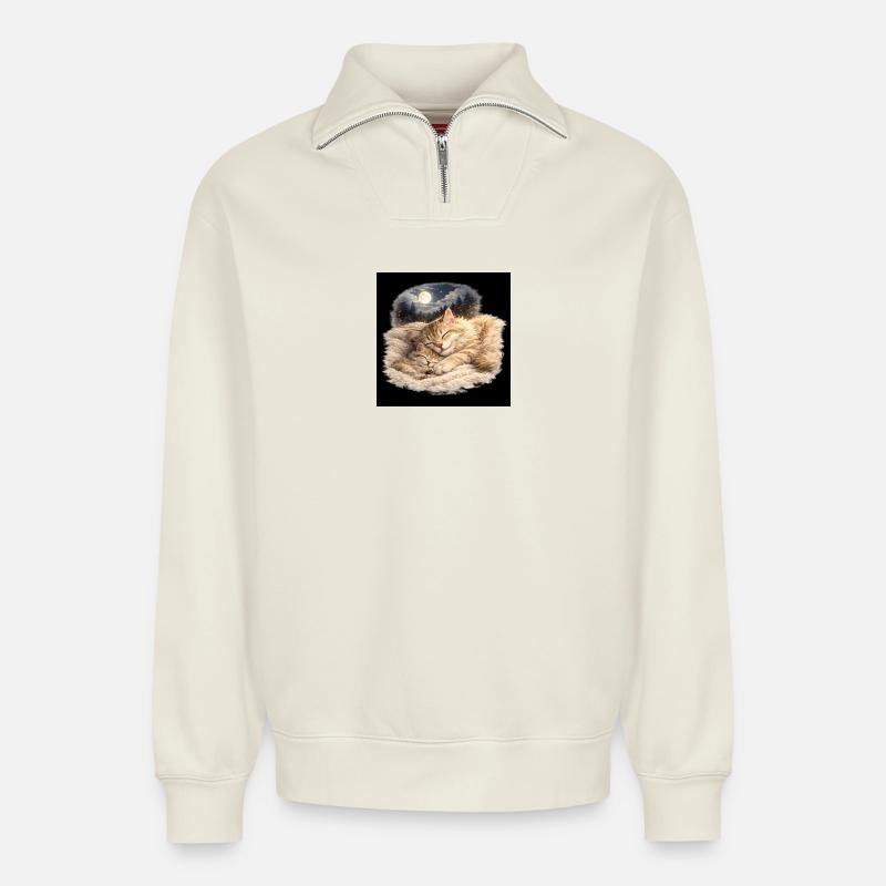 Mama-Katze schläft mit ihrem Kind - Relaxed Unisex Organic Half Zip Sweatshirt – von SPREAD - Naturweiß
