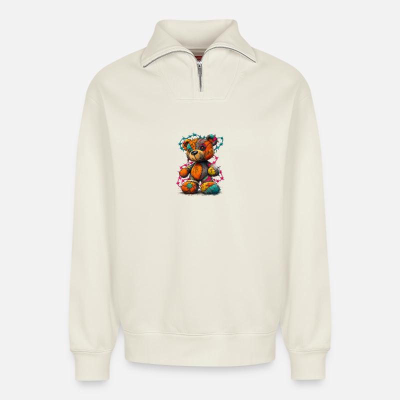 Patchwork Teddybär mit Neonfäden - Relaxed Unisex Organic Half Zip Sweatshirt – von SPREAD - Naturweiß