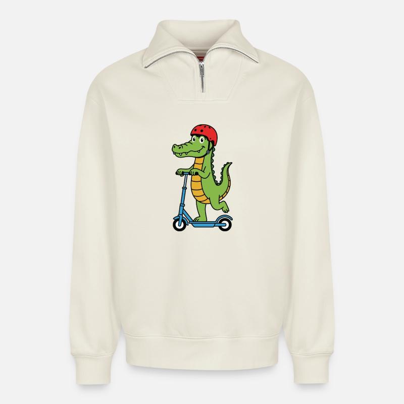 Krokodil auf einem Roller - Relaxed Unisex Organic Half Zip Sweatshirt – von SPREAD - Naturweiß