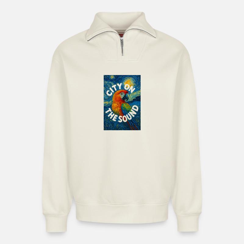 Vibrant_Macaw_Amidst_Swirling_Post-Impressionis - Relaxed Unisex Organic Half Zip Sweatshirt – von SPREAD - Naturweiß