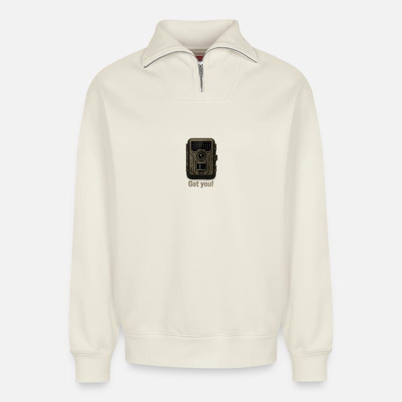 Caméra de chasse - Sweat unisexe décontracté en coton biologique à demi-zip – de SPREAD - blanc cassé