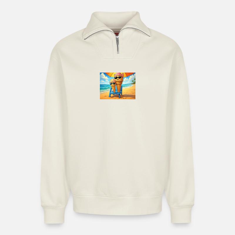 Eiscreme im Sommer - Relaxed Unisex Organic Half Zip Sweatshirt – von SPREAD - Naturweiß