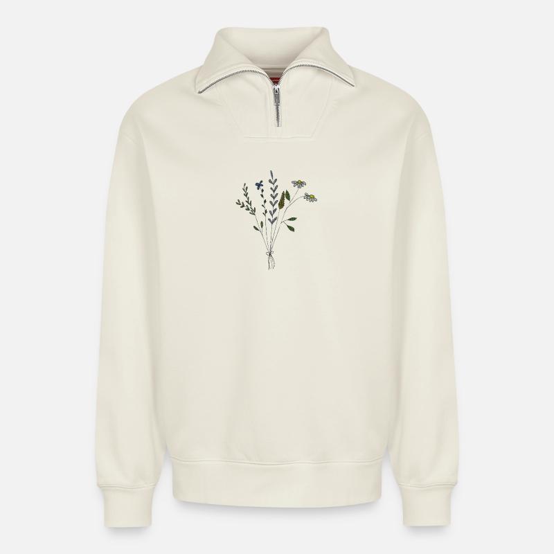 blumenwiese strauss gewebe - Relaxed Unisex Organic Half Zip Sweatshirt – von SPREAD - Naturweiß
