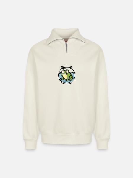 Frog in a Bowl - Relaxed Unisex Organic Half Zip Sweatshirt – by SPREAD - off white