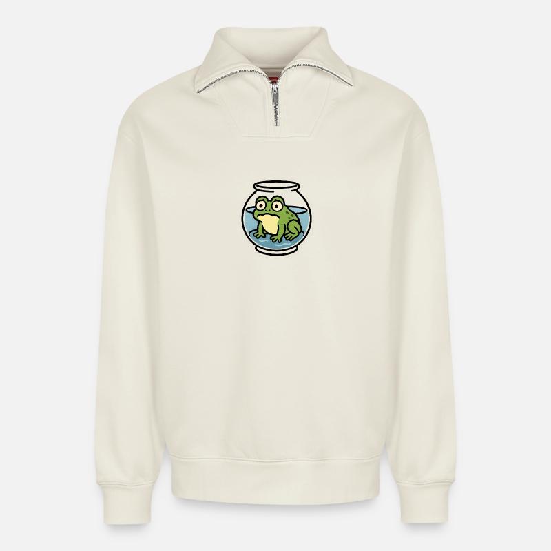 Frosch in der Schüssel - Relaxed Unisex Organic Half Zip Sweatshirt – von SPREAD - Naturweiß