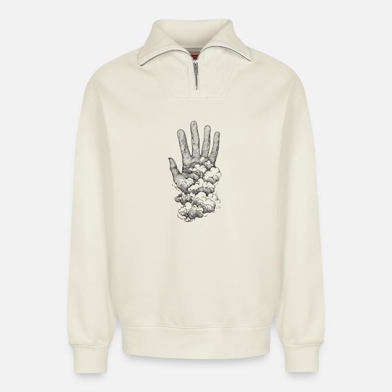 Hand in the clouds - Relaxed Unisex Organic Half Zip Sweatshirt – by SPREAD - off white
