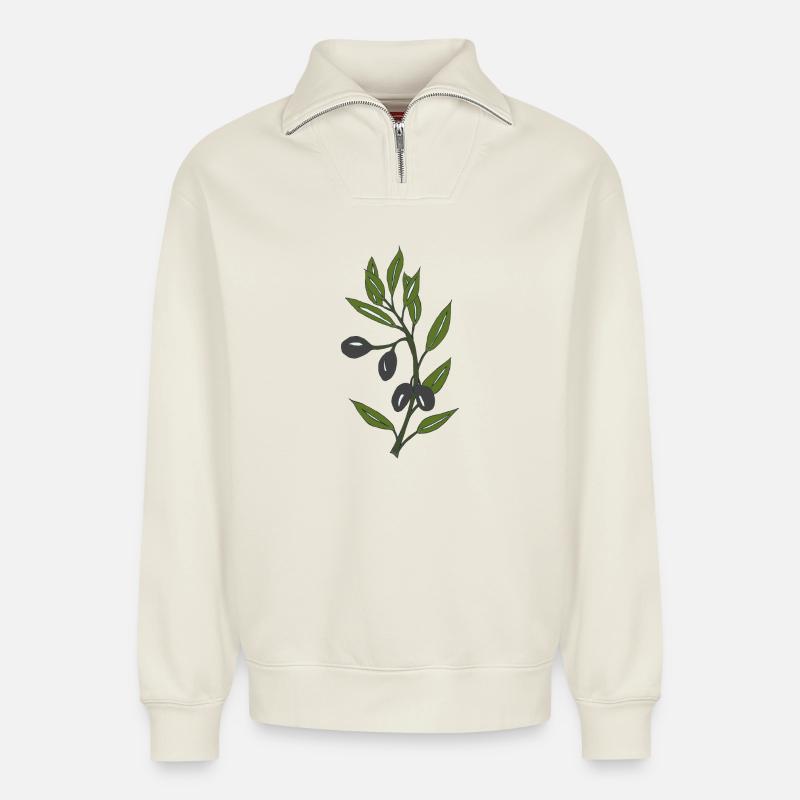 Rameau d’olivier - Sweat unisexe décontracté en coton biologique à demi-zip – de SPREAD - blanc cassé