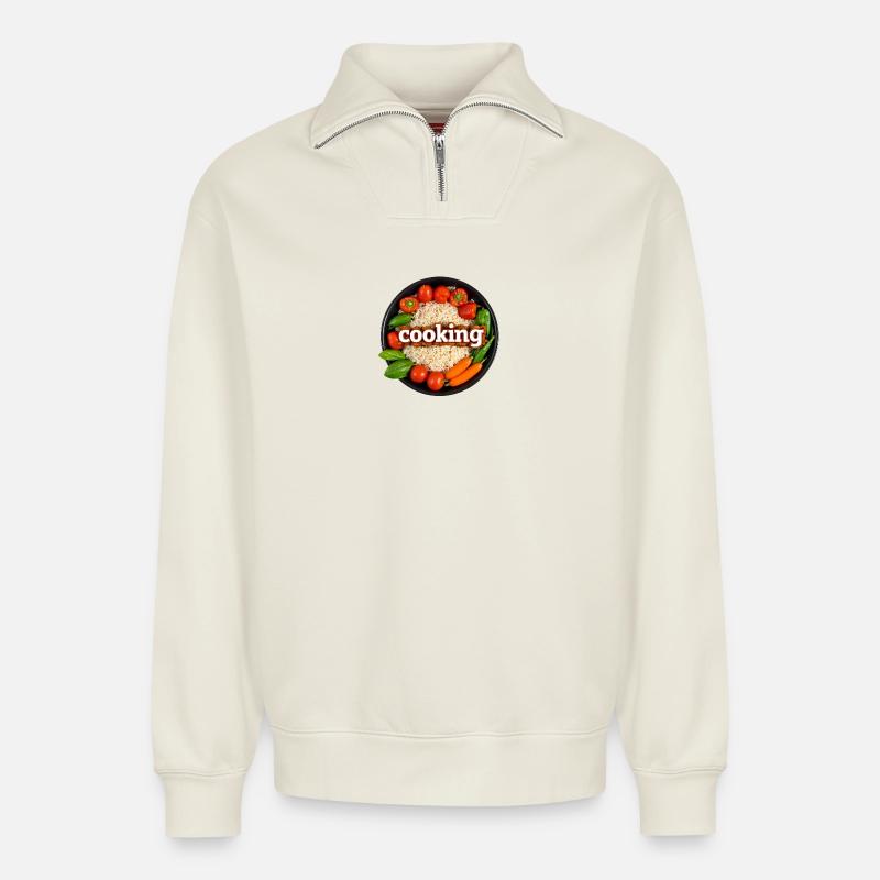 Kulinarisches Kochen mit Frischem Gemüse - Relaxed Unisex Organic Half Zip Sweatshirt – von SPREAD - Naturweiß