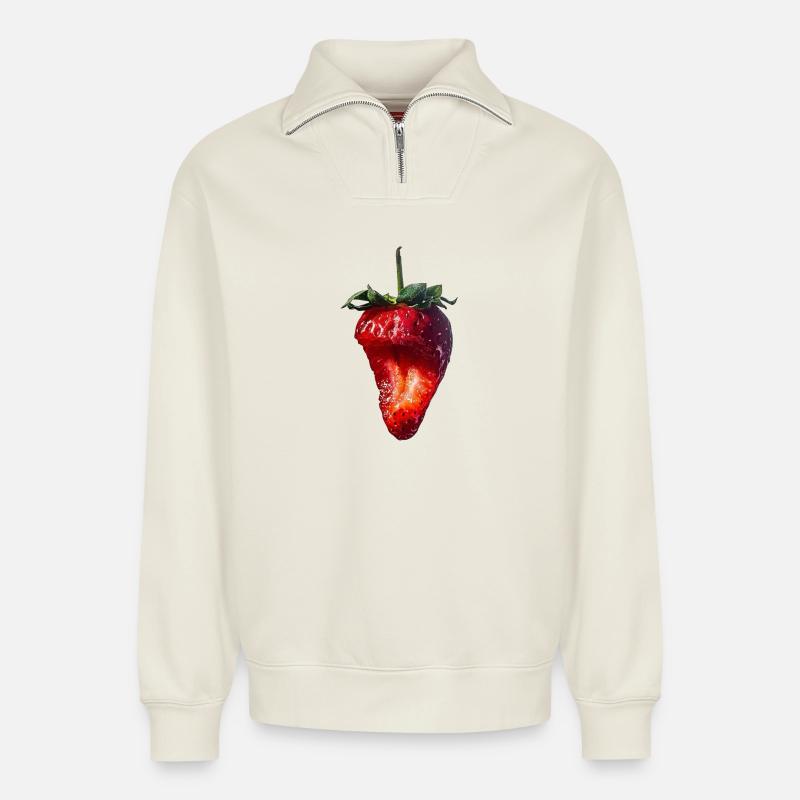 Strawberry Erdbeere - Relaxed Unisex Organic Half Zip Sweatshirt – von SPREAD - Naturweiß