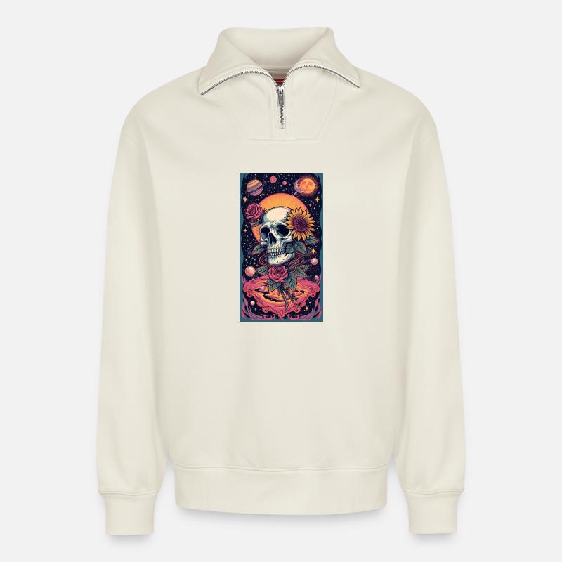 Skull and Space Flower - Relaxed Unisex Organic Half Zip Sweatshirt – by SPREAD - off white