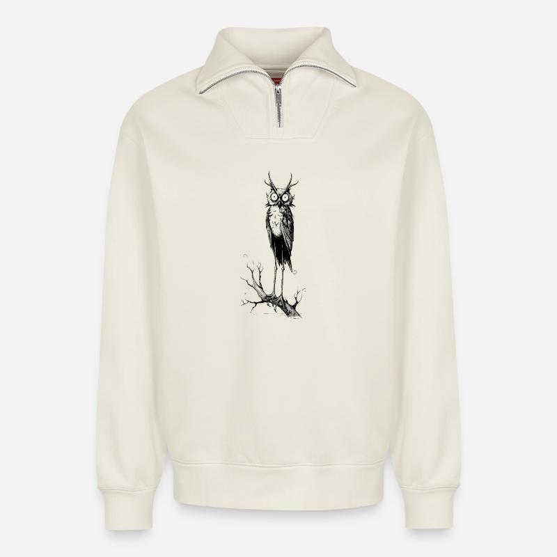 Gothic Owl - Relaxed Unisex Organic Half Zip Sweatshirt – by SPREAD - off white