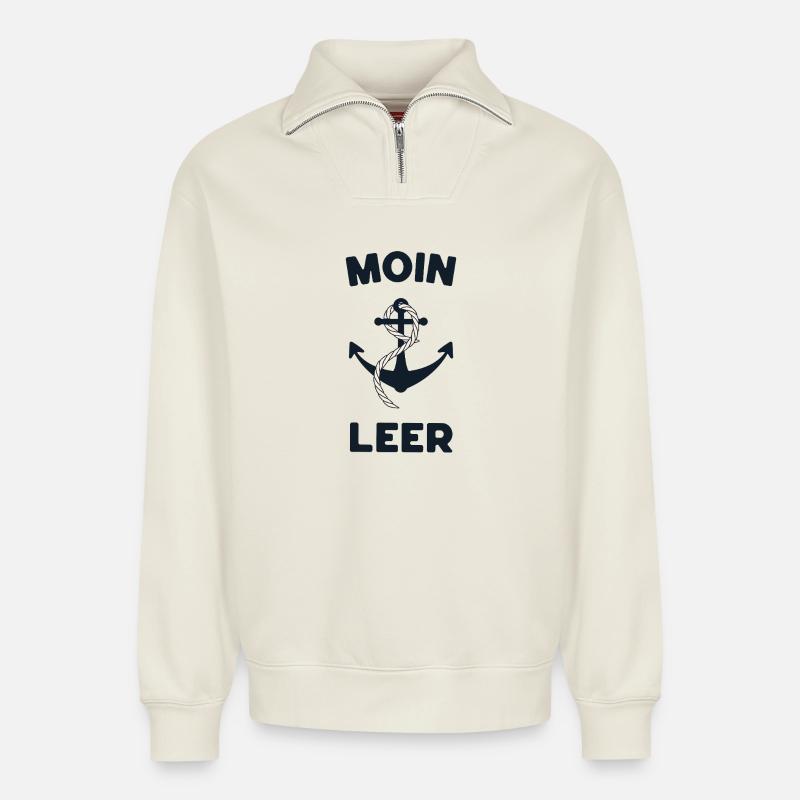 Moin Leer – Maritimes Anker-Design - Relaxed Unisex Organic Half Zip Sweatshirt – von SPREAD - Naturweiß
