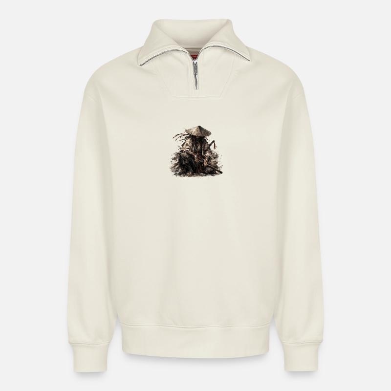 Shadow Ronin Samurai - Relaxed Unisex Organic Half Zip Sweatshirt – by SPREAD - off white