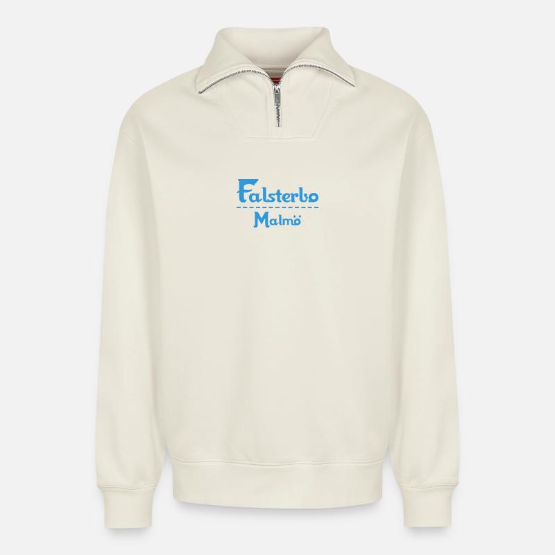 Centrum Malmö – Conception de texte bleu - Sweat unisexe décontracté en coton biologique à demi-zip – de SPREAD - blanc cassé