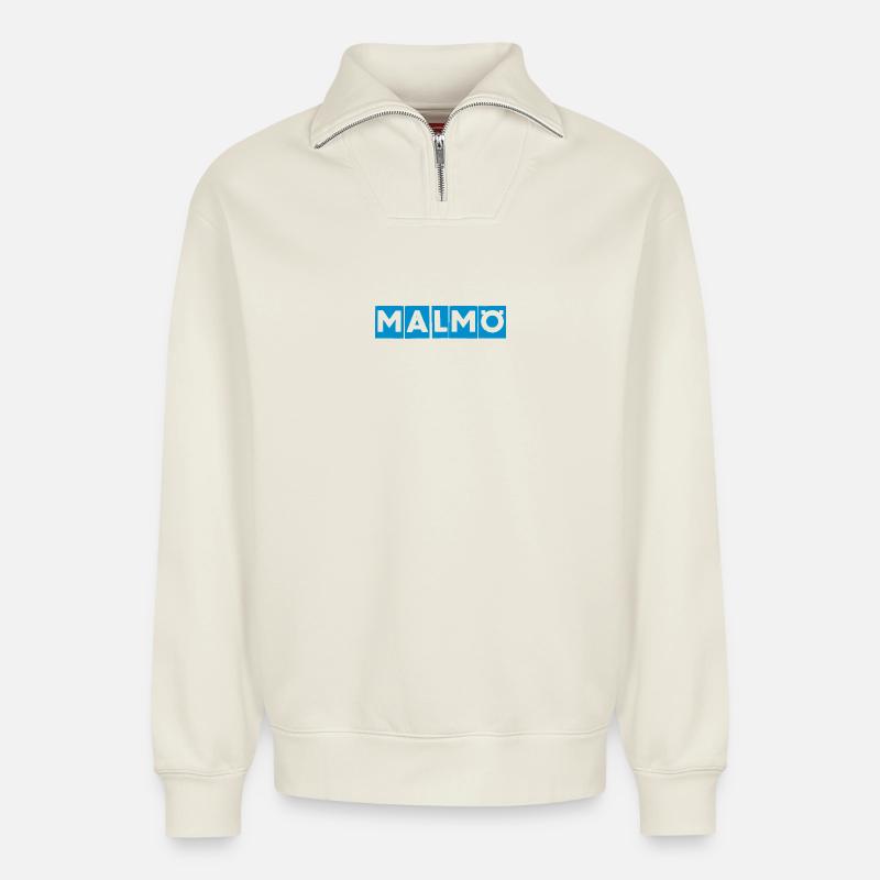 Malmö – Blaues Textdesign - Relaxed Unisex Organic Half Zip Sweatshirt – von SPREAD - Naturweiß