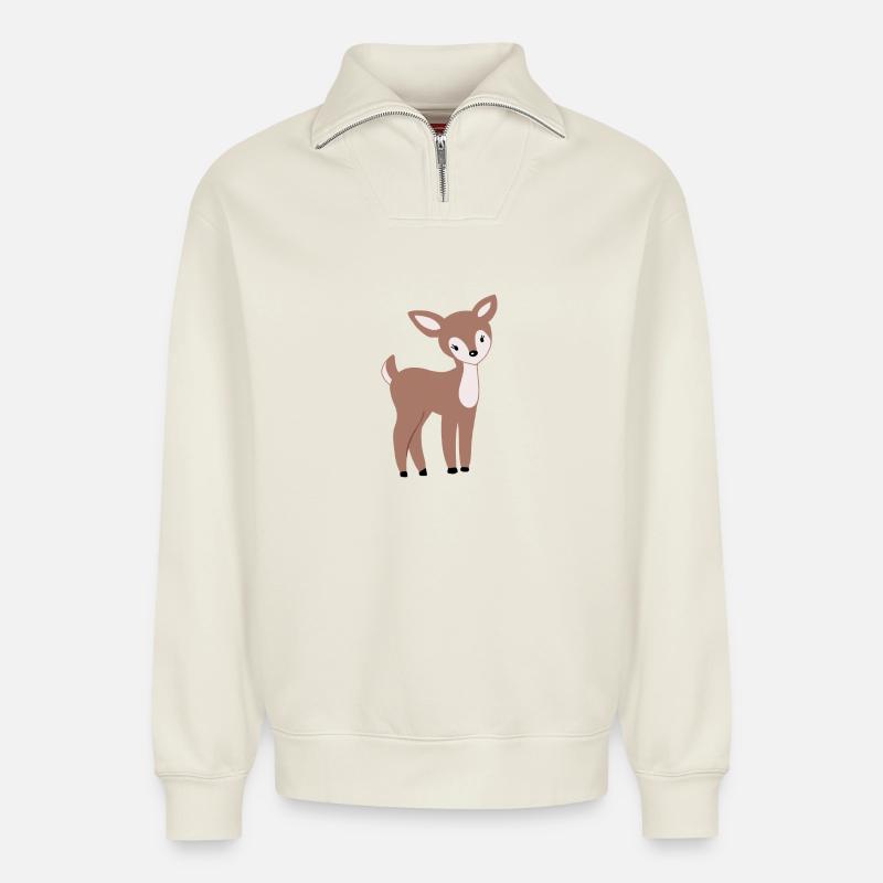 Doux faon Bambi - Sweat unisexe décontracté en coton biologique à demi-zip – de SPREAD - blanc cassé