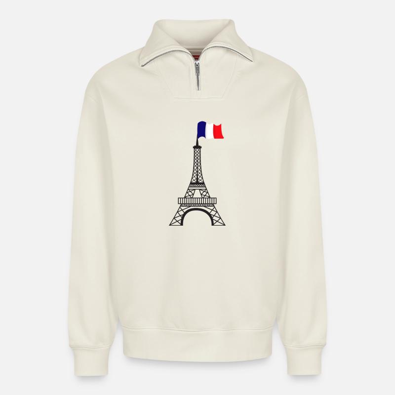 Tour Eiffel - Sweat unisexe décontracté en coton biologique à demi-zip – de SPREAD - blanc cassé
