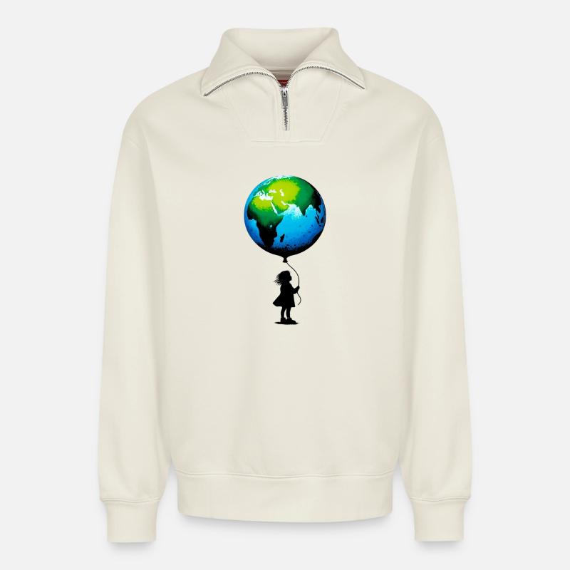 Planet Erde - Relaxed Unisex Organic Half Zip Sweatshirt – von SPREAD - Naturweiß