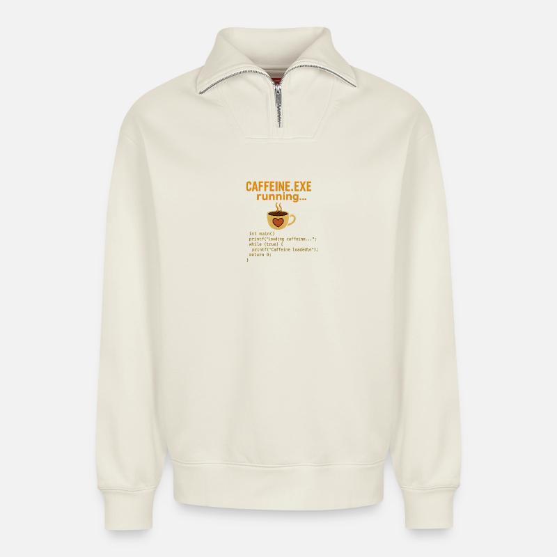 Caffeine.exe running - Relaxed Unisex Organic Half Zip Sweatshirt – by SPREAD - off white