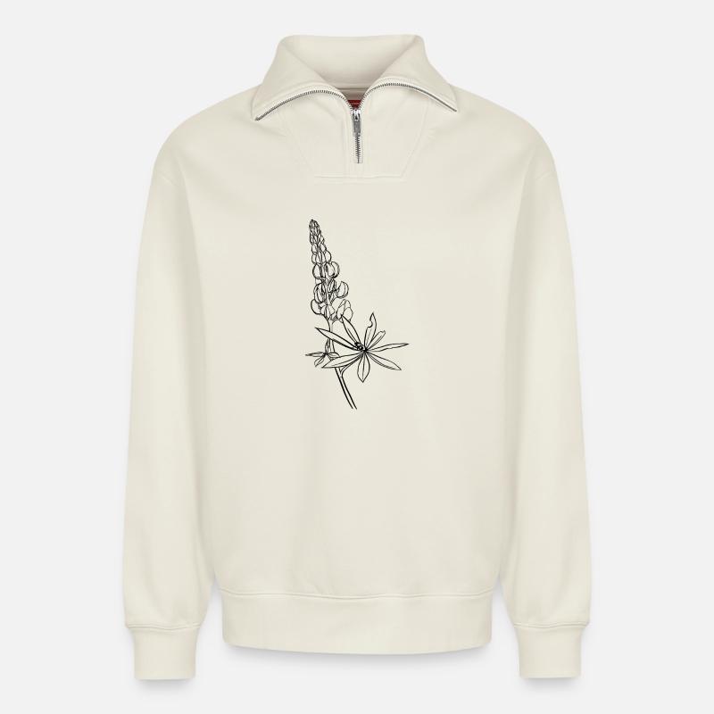 Lupine mit Kaefer - Relaxed Unisex Organic Half Zip Sweatshirt – von SPREAD - Naturweiß