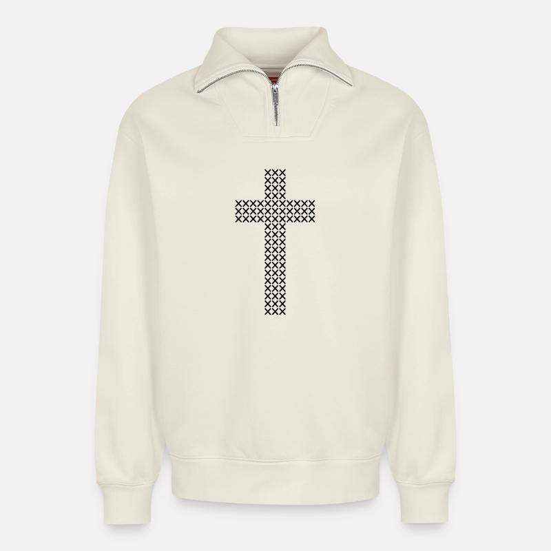 Kreuzstichmuster - Relaxed Unisex Organic Half Zip Sweatshirt – von SPREAD - Naturweiß